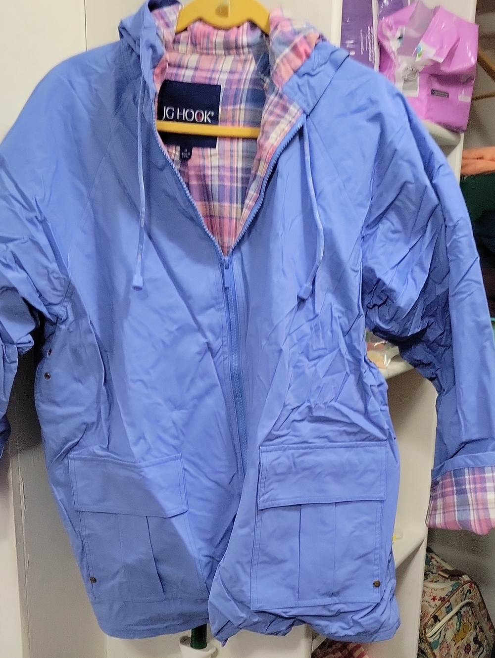 JG Hook Light Blue Hooded Rain Jacket with Plaid Lining MED
